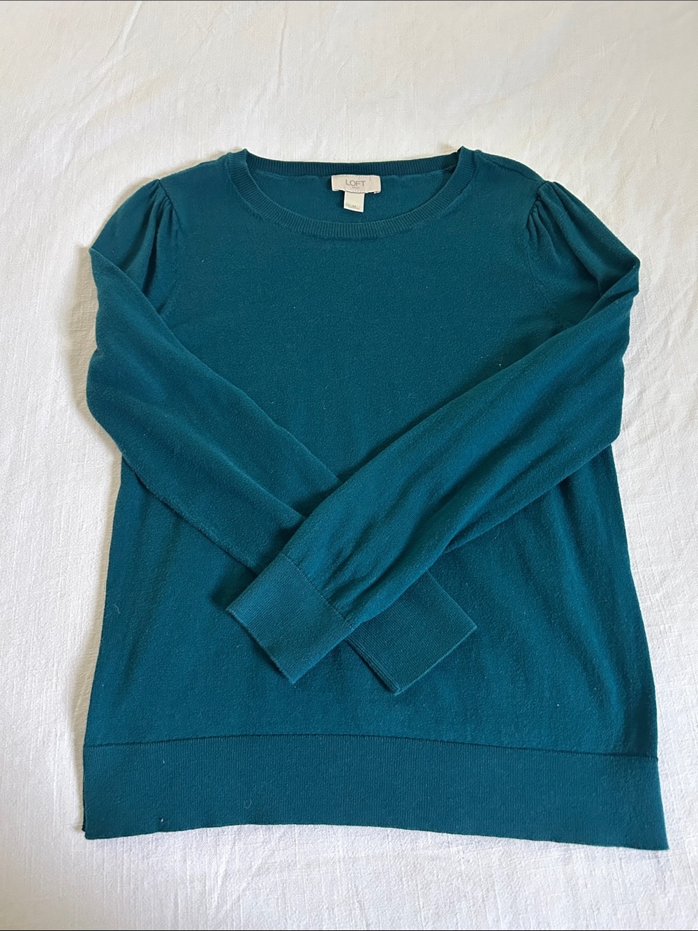LOFT Teal Scoopneck Puff-Sleeve Sweater
